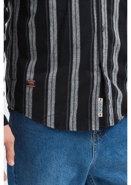 Melanj Çizgili Regular Fit Uzun Kollu Erkek Gömlek Düğmeli Yaka indirimleri