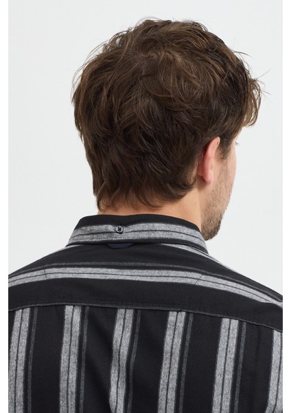 Melanj Çizgili Regular Fit Uzun Kollu Erkek Gömlek Düğmeli Yaka
