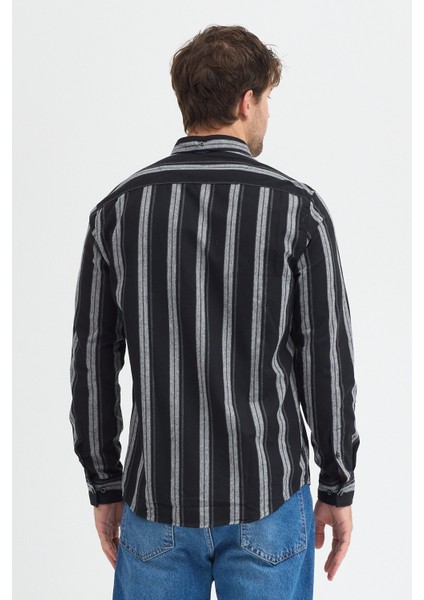 Melanj Çizgili Regular Fit Uzun Kollu Erkek Gömlek Düğmeli Yaka