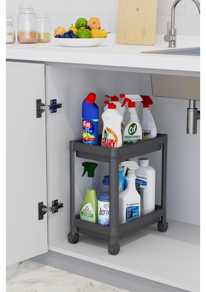 2 Katlı Tekerlekli Düzenleyici Raf, Mutfak Tezgah, Evye Altı ve Deterjanlık