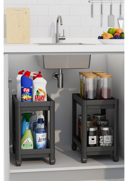 2 Katlı Tekerlekli Düzenleyici Raf, Mutfak Tezgah, Evye Altı ve Deterjanlık modelleri