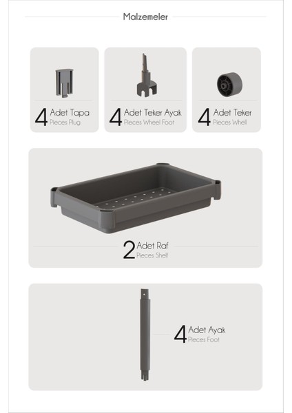 2 Katlı Tekerlekli Düzenleyici Raf, Mutfak Tezgah, Evye Altı ve Deterjanlık