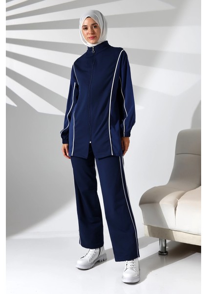 Kadın Mevsimlik Penye Alt Üst Spor ve Rahat Lacivert Ikili Tunik Pantolon Şık Tesettür Takım