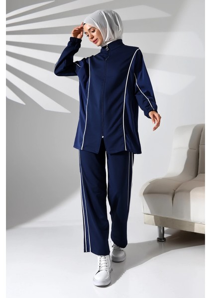 Kadın Mevsimlik Penye Alt Üst Spor ve Rahat Lacivert Ikili Tunik Pantolon Şık Tesettür Takım modelleri
