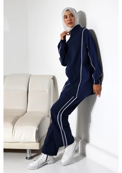 Kadın Mevsimlik Penye Alt Üst Spor ve Rahat Lacivert Ikili Tunik Pantolon Şık Tesettür Takım fırsatları