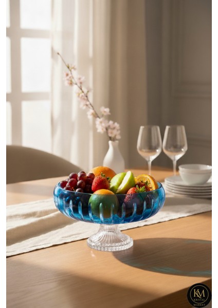 El Yapımı Kristal Vertical Desen 28 cm Dekoratif Sunumluk Ayaklı Sofra Sunum Kasesi