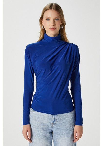 Kadın Moon Büzgülü Saks Mavi Sandy Bluz fırsatları