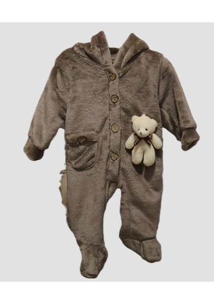 My Baby Kumsal Ayıcık Kelebek ve Petek Desenli Kapişonlu Polar Bebe Tulumu Dandini