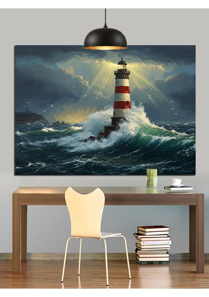 Fırtınalı Denizde Fener Işığı Dekoratif Kanvas - Mdf Ahşap Tablo fırsatları