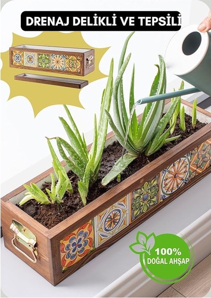 El Yapımı 5 Meksika Çinili Dekoratif Modern Ahşap Dikdörtgen Kaliteli Bahçe Balkon Saksı Saksılık