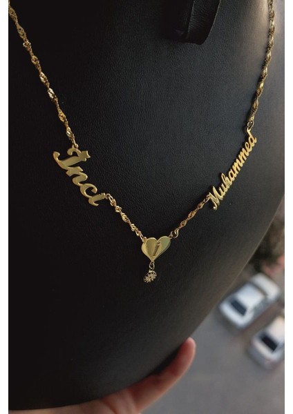 925 Ayar Gümüş 24 Ayar Altın Kaplama 2 Isimli Kalpli Kolye