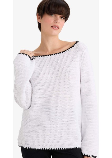 Regular Fit Kayık Yaka Ajurlu Triko Kazak G3316AX25AU