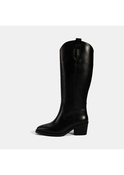 Kadın Siyah Kalın Topuklu Deri Çizme fiyatları