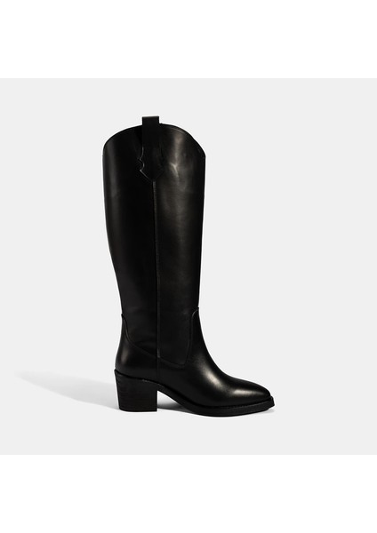 Kadın Siyah Kalın Topuklu Deri Çizme modelleri
