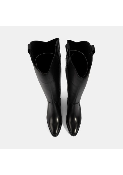 Kadın Siyah Kalın Topuklu Deri Çizme