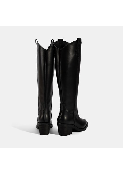 Kadın Siyah Kalın Topuklu Deri Çizme