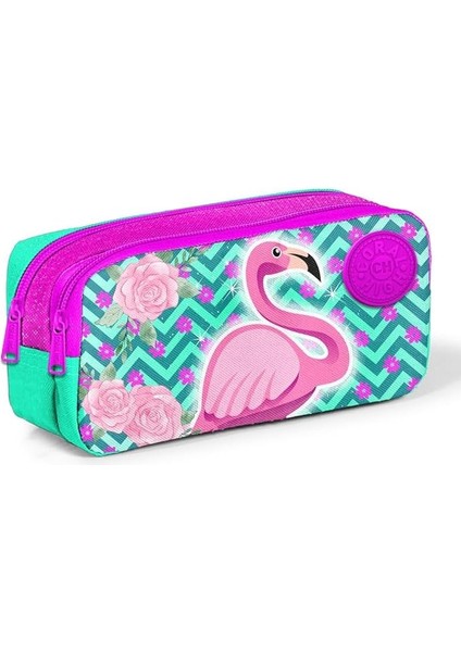 High Kids Su Yeşili Pembe Simli Suni Derili Flamingolu Iki Bölmeli Kalem Çantası 22290