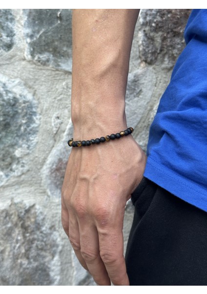 Erkek Kaplangözü ve Oniks Doğal Taşlı 20+2cm Ayarlanabilir Çelik Bileklik