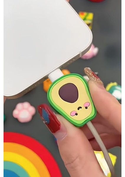 Şarj Kablosu Kablo Ucu Koruyucu Figürlü Iphone Typec Mikro Kablo Koruyucu Koruma, Yeşil Avokado