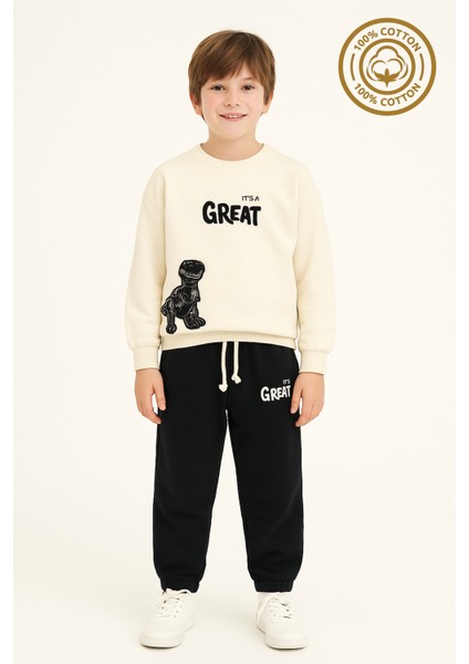 Erkek Çocuk %100 Pamuk Great Nakışlı Trex Süzeneli Paça Lastikli Takım - 2144