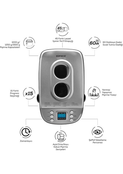 45 Farklı Tarif Kitabı ile 15 Programlı Zaman Ayarlı Inox Paslanmaz Gövdeli Tam Otomatik Ekmek & Reçel Yapma , Hamur Yoğurma Makinesi + Hassas Mutfak Tartısı
