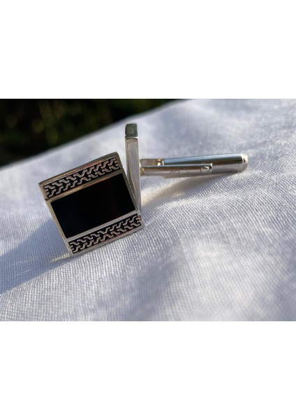 925 Ayar Gümüş Siyah Erkek Kol Düğmesi (Kare)- Şık Tasarım