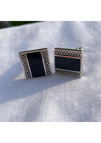 925 Ayar Gümüş Siyah Erkek Kol Düğmesi (Kare)- Şık Tasarım fiyatları