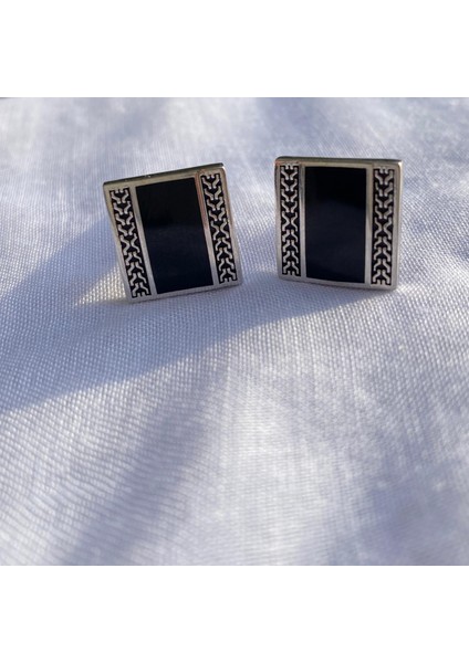 925 Ayar Gümüş Siyah Erkek Kol Düğmesi (Kare)- Şık Tasarım modelleri
