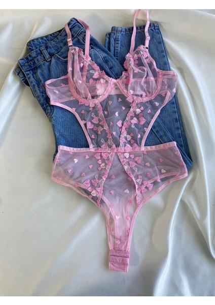 Kadın Dantelli Pembe Kalpli Transparan Çıtçıtlı Body Bodysuit Fantezi Iç Çamaşır