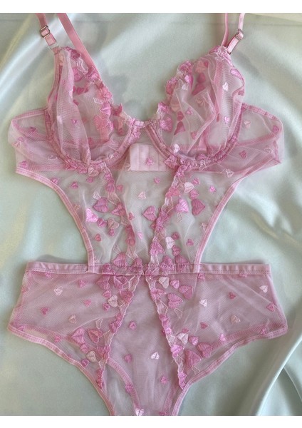 Kadın Dantelli Pembe Kalpli Transparan Çıtçıtlı Body Bodysuit Fantezi Iç Çamaşır modelleri