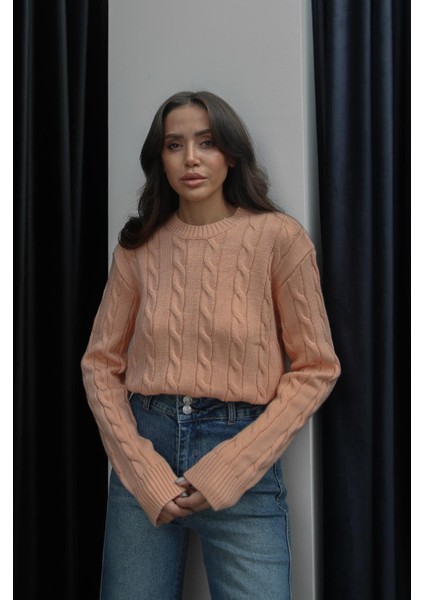 Somon Saç Örgülü Triko Kazak