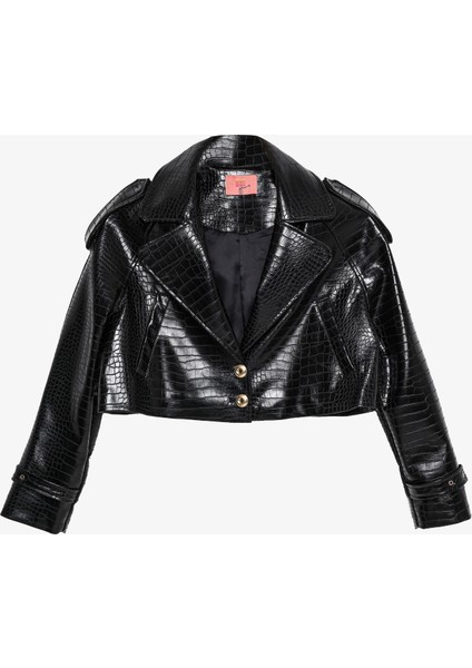 Kroko Desenli Crop Deri Ceket Siyah