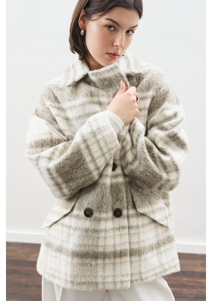 Ekose Desenli Kaşe Yünlü Kaban Bej