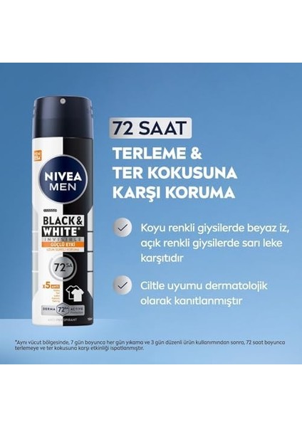Nıvea Men Erkek Sprey Deodorant Black&white Invisible Güçlü Etki 150 Ml, 72SAAT Anti Perspirant Koruma,kıyafetlerde Leke Karşıtı