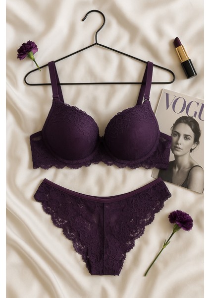 Mor Dantel Detaylı Push Up Sütyen Takımı