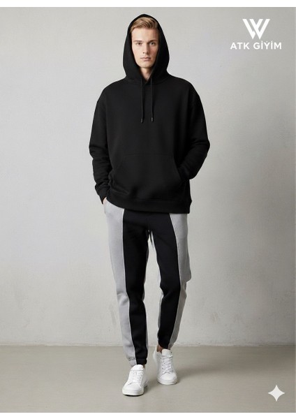 Erkek Oversize Kapüşonlu Sweatshırt**şeritli Jogger Eşofman Altı **fermuarlı Cepli Spor Kombın **siyah Gri**antrasit ***beyaz Renk Seçenekleriyle