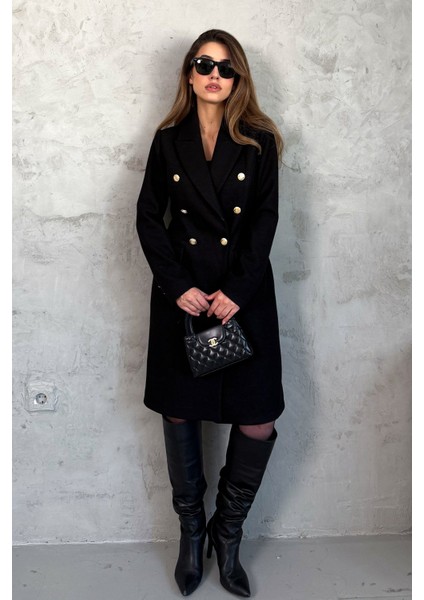 Kadın Metal Düğmeli Kruvaze Kaşe Kaban 99671