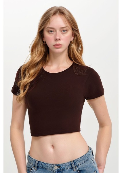 Kadın Giyim Pamuklu - Elastan Yarım Kol Bisiklet Yaka Crop LL.01.ILK.110