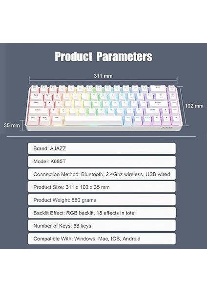 K685T Mekanik 82 Tuşlu Gaming Oyuncu Klavyesi-Rgb-Hot Swappable Beyaz- Brown Switch modelleri