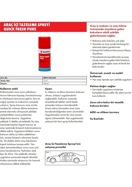 Würth Araç Içi Tazeleme Spreyi 100 ml Quick Fresh Pure Biyosit Içermeyen Koku Bombası fırsatları