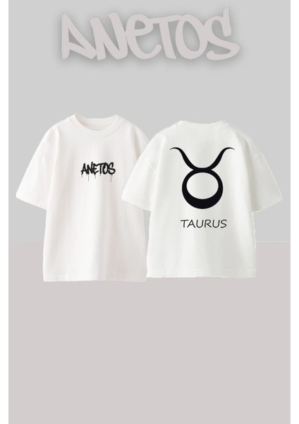Taurus Tasarım Sırt Baskılı Pamuk Beyaz Oversize T-Shirt