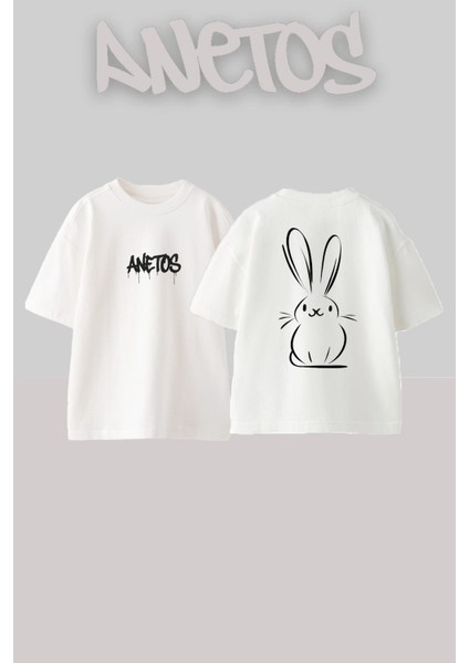 Tavsan Tasarım Sırt Baskılı Pamuk Beyaz Oversize T-Shirt