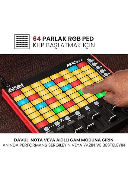 Professional Apc Mini - USB Mıdı Pad Controller ile Klip Başlatma, Ableton Live Lite, 64 Rgb Pedleri, Davul ve Nota Modu ve Mıdı Mikser modelleri