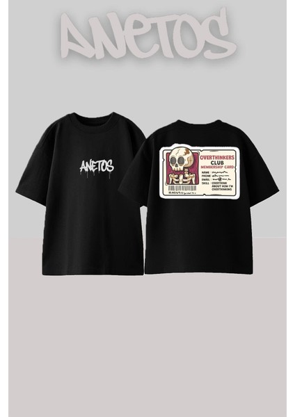 Overthınkres Tasarım Sırt Baskılı Pamuk Siyah Oversize T-Shirt