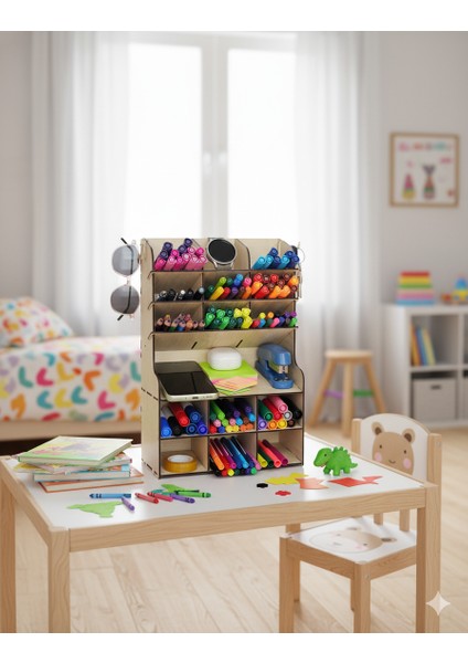 Linea 15 Gözlü Masaüstü Ahşap Organizer Kalemlik- Takı Makyaj Çok Amaçlı Organizer-Hediyelik