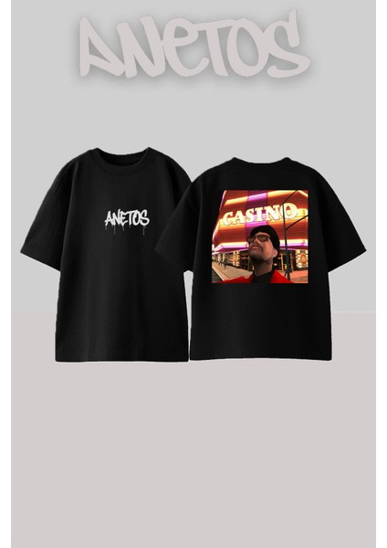Gta Casino Tasarım Sırt Baskılı Pamuk Siyah Oversize T-Shirt