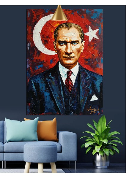 Türkiye Cumhuriyeti Bayrağı Önünde Atatürk Portresi Dekoratif Kanvas - Mdf Ahşap Tablo indirimleri