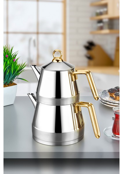 Venedik Çaydanlık 18/10 Paslanmaz Çelik Büyük Boy Gold Saplı.