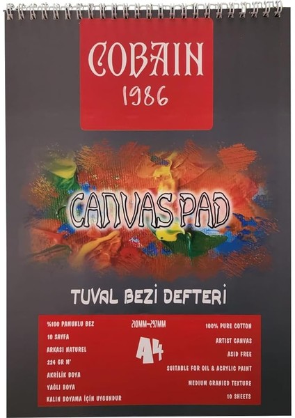 Sanat Taha Demir Cobain 1986 Canvas Pad Tuval Bezi Defteri Akrilik, Yağlıboya, Guaj Defteri (A4)