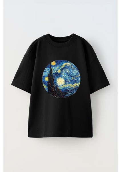 Van Gogh 3 Baskılı Ünisex Pamuk Siyah Oversize T Shirt